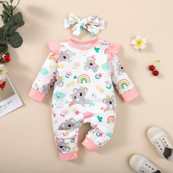 Vêtements pour nouveau-né fille de 0 à 12 mois, manches longues, body mignon de dessin animé avec bandeau, 2 pièces, barboteuse pour bébé, combinaison pour enfant en bas âge