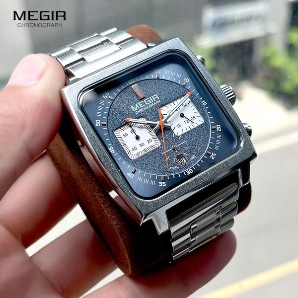 MEGIR Sport montre à Quartz hommes argent bleu chronographe robe montre-bracelet avec bracelet en acier inoxydable Date automatique aiguilles lumineuses 24 heures