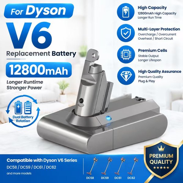 21,6V 12800mAh Wiederaufladbarer Li-Ionen-Akku für Dyson V6 Akku-Staubsauger, Ersatzakku passend für DC58 DC59 DC62 DC74 SV07 SV09, Ersatzteil 965874-02