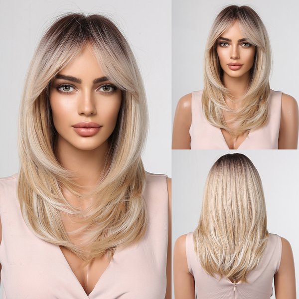 ALAN EATON – perruques synthétiques blondes longues pour femmes, perruque avec frange, couleur ombrée avec racines foncées, perruques superposées résistantes à la chaleur