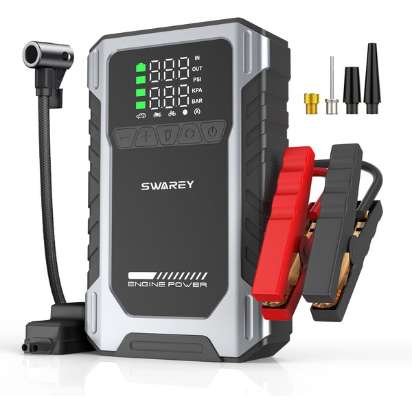 SWAREY U2 Plus, démarreur de voiture 5-en-1 9000A, batterie externe 16000mAh avec compresseur d'air 150PSI