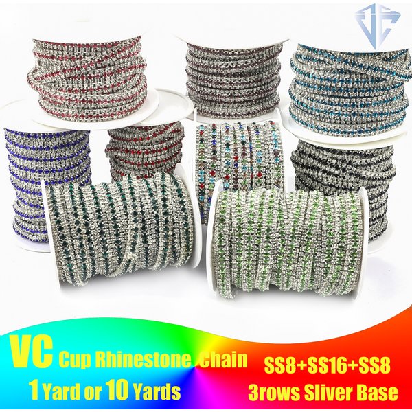 1yard 3reihen Splitter Basis Bunte Strass Kette Nähen Auf Strass Tasse Kette Glas Strass Band Kette Für Kleidung Dekoration