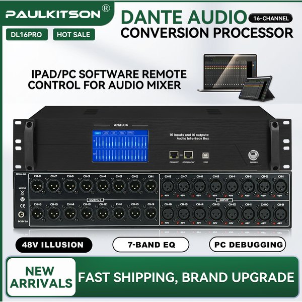 Paulkitson DL16 Pro Dante Box 16‑Channel Analog Balanced I/O Network Transmission Box PC Remote Control for Professional Audio