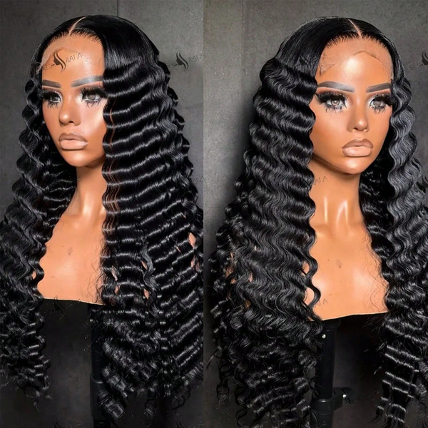 Perruques Lace Front Deep Wave 40 pouces, densité 250%, en cheveux humains bouclés d'apparence naturelle, pré-épilées, prêtes à porter pour femmes
