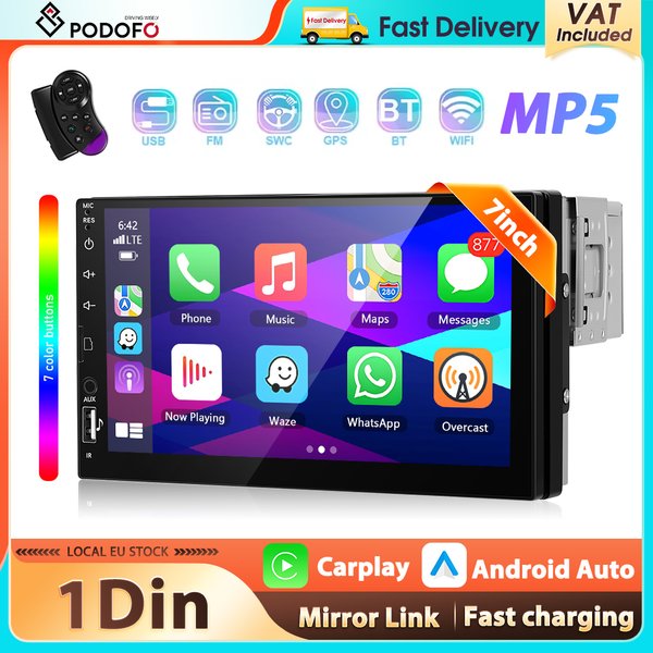 Podofo 1Din MP5-Player Kabelloses Carplay Android Auto 7'' LCD Multimedia-Player Bluetooth Mirror Link FM EQ SWC USB Auto-Audio