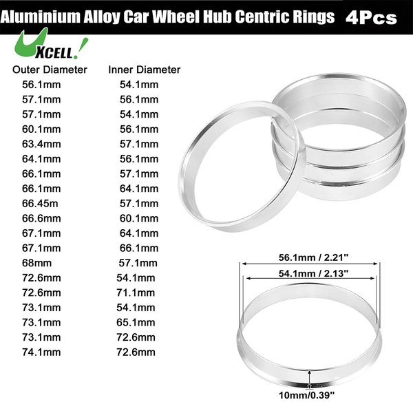 Uxcell 4 Stück Außendurchmesser 56,1 mm 57,1 mm 63,4 mm auf Innendurchmesser 54,1 mm 56,1 mm 64,1 mm Autonaben-Zentric-Ringe Radbohrung Mittelabstandshalter aus Aluminiumlegierung