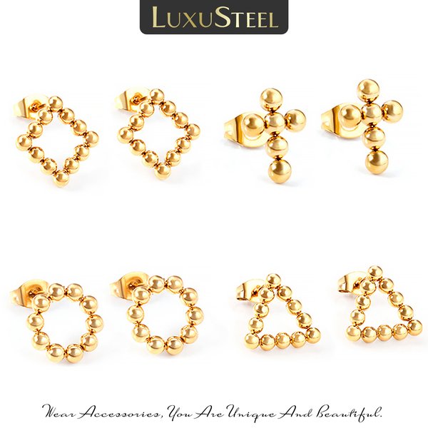 LUXUSTEEL Stainless Steel Ball Stud Earrings For Women Girls Gold Color Beaded Square Round Triangle Cross Shape Ear Jewelry