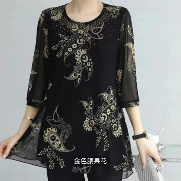 Neue Casual Frühling Sommer 3/4 Hülse Bluse Plus Größe Mode Gedruckt frauen Kleidung Pendeln Lose Rundhals Gaze Midi hemd