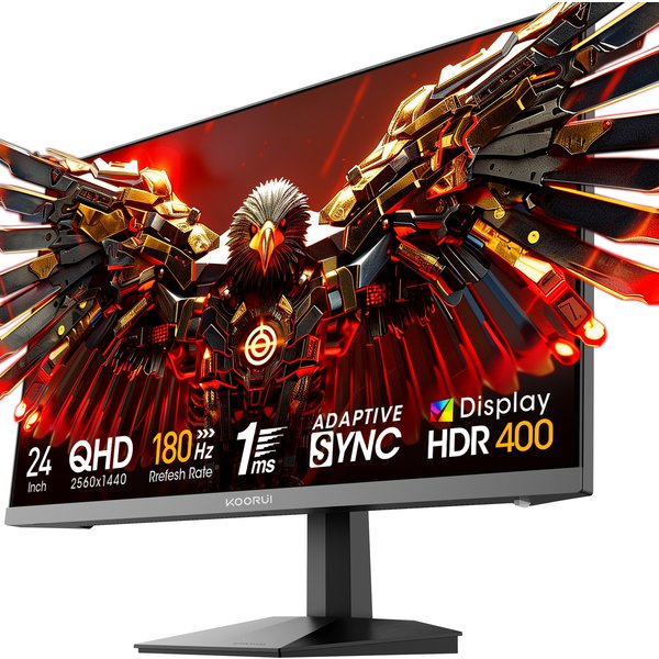 Gaming-Monitor KOORUI G2421V QHD 2560X1440 180Hz HDMI 178 ° Bildschirm, FAST IPS-Panel, Augenschonender PC-Monitor für Home-Office, HDMI2.0*2, Adaptive-Sync -5 ° bis 20 ° Neigbar, VESA 75 X 75