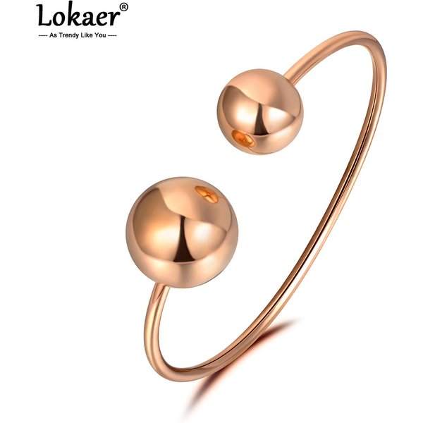 Lokaer Trendy Double Big Ball Stainless Steel Cuff Bracelet Jewelry For Women Silver Color Bracelet Bangle Valentine Gift B19009