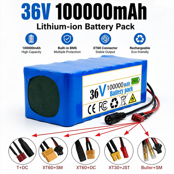 10S4P 36 Volt 100Ah Lithium-Batteriepack 3600Wh Große Kapazität Wiederaufladbare Li-Ionen-Batterie mit eingebautem BMS-Schutz für Elektrofahrräder, Roller, Mobilitätsgeräte und Solarspeicher.