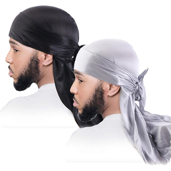 Turban Durag en Satin pour Homme et Femme, Unisexe, Respirant, Soyeux, Long Tail Doo Rag, 7,5, Bandeau de Sauna, Bandana, Vêtements de Sauna, 2 Pièces