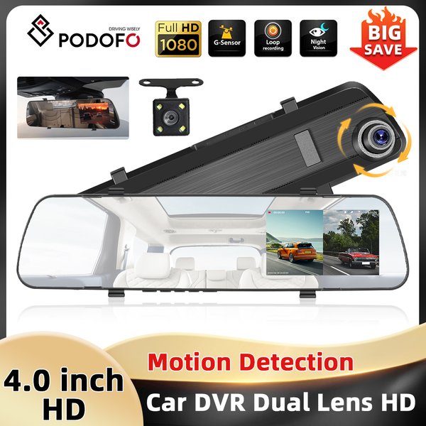 Podofo 4.0 " Kamera samochodowa z podwójnym obiektywem, lusterko wsteczne z ekranem LCD, rejestrator jazdy 1080P, detekcja ruchu, nagrywanie w pętli, kamera cofania, obsługa kart TF