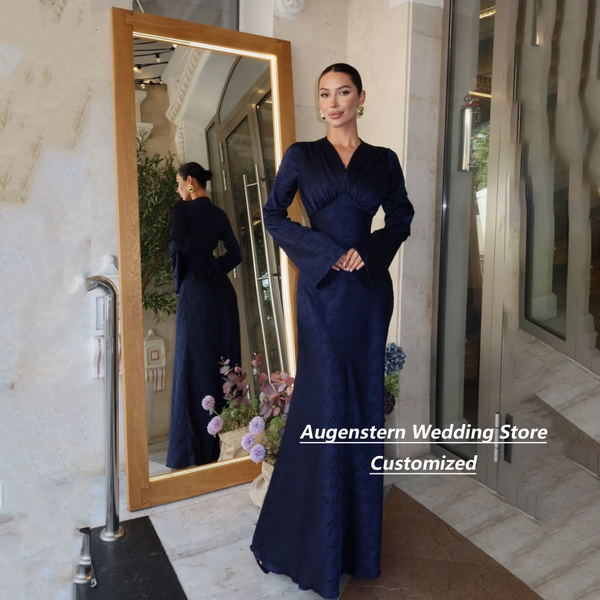 Robe de soirée longue et élégante pour la mère de la mariée, en satin bleu marine, à col en V, manches longues évasées, coupe sirène, personnalisable.