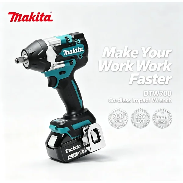 Makita DTW700 18V Akku-Schlagdrehmomentschlüssel, bürstenlos, 1000 Nm, leistungsstarkes elektrisches Befestigungswerkzeug mit variabler Drehzahlregelung und automatischer Abschaltfunktion für