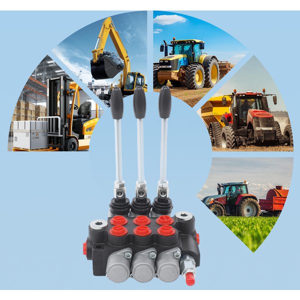 Hydraulisches Wegeventil mit 3 Spulen, 40 l/min, Gusseisen, manueller Hebel mit einstellbarer Druckbegrenzung und Staubschutzkappe für Lader, Traktor, Holzspalter, Gabelstapler