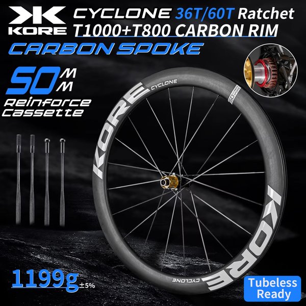 KORE Carbon-Speichenlaufradsatz – 50 mm – T1000 Carbonfelgen 36T/60T Ratchet-Nabe XDR/HG 700C Design für ultraleichte Rennrad-Performance