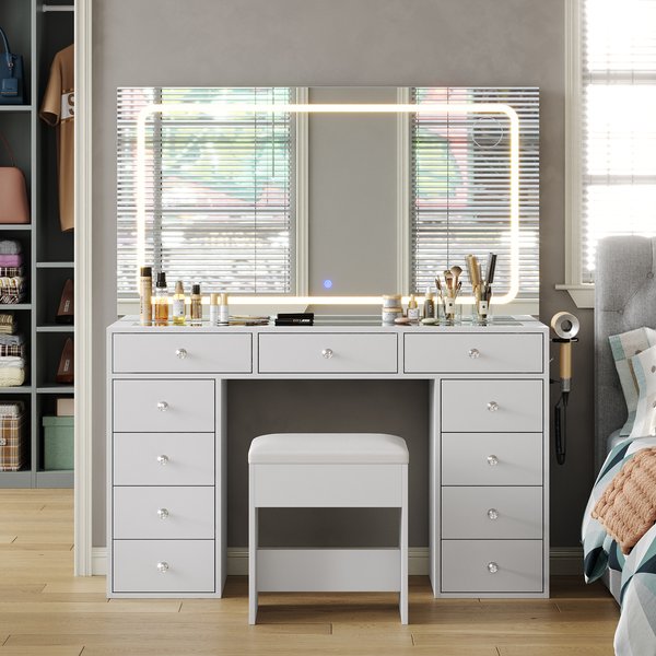 Ensemble de coiffeuse moderne blanche de 53" avec 9 tiroirs et plan de travail pliable, plateau en verre trempé transparent (résistant aux rayures et facile à nettoyer), miroir éclairé par LED avec 3