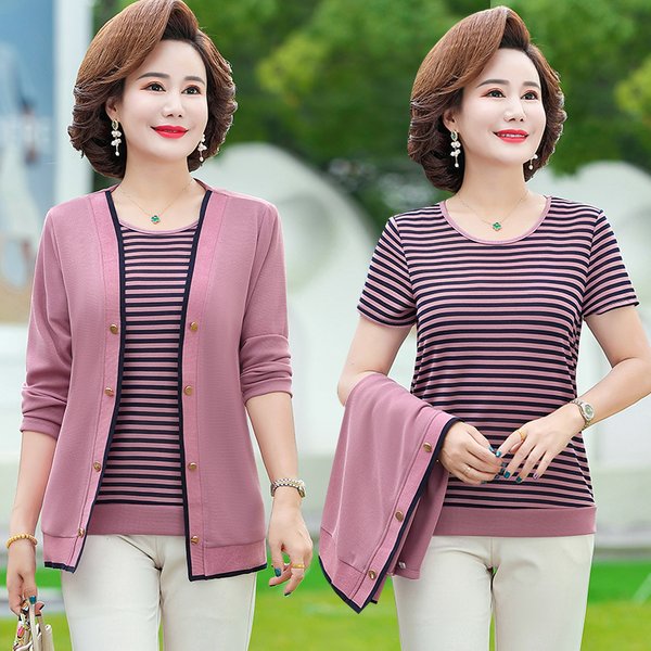 Autumn 2pcs/set Middle Age Women Long Sleeve Knitted Cardigan Top striped T-shirt Spring Fall Mother Clothing Camisetas Mujer
