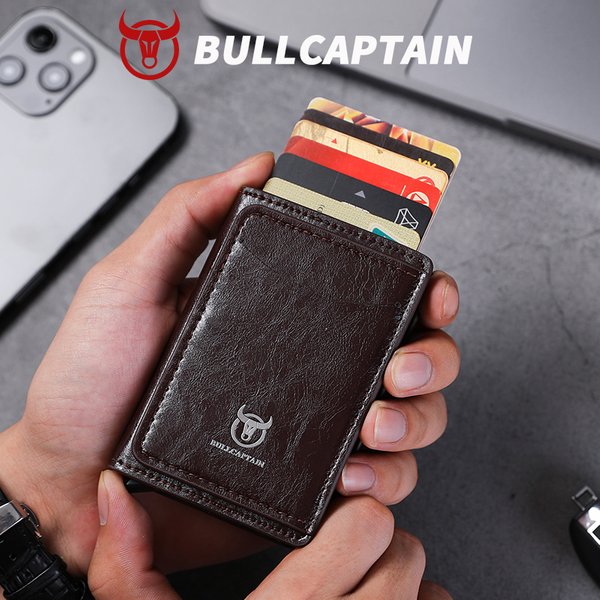 Porte-cartes Bullcaptain pour hommes, portefeuille avec blocage RFID, boîte en aluminium protégée, portefeuilles en cuir avec pince à billets et porte-cartes.
