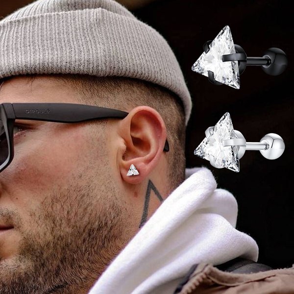 Boucles d'oreilles à clous pour hommes, boucles d'oreilles Triangle percées en cristal et Zircon, clous minimalistes géométriques en acier inoxydable pour bijoux pour hommes