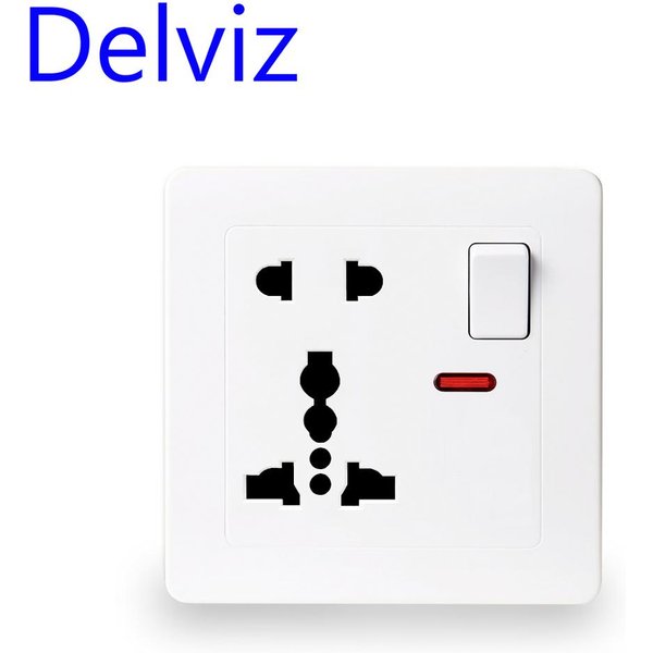 Delviz Wandsteckdosenleiste 13A Internationaler Standard Universal 5-Loch Schaltbare Steuerung LED-Anzeige, AC 110-250V, 86mm*86mm