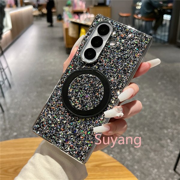 Magnetic Holder Kickstand Plating Bling Glitter Phone Case For Samsung Galaxy Z Fold 7 5G 6 5 4 3 Fold7 Fold6 Protect-image