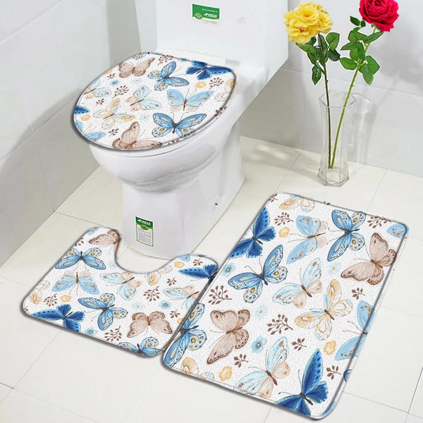 Blue Butterfly Bath Mat Set Watercolour Flowers Plant-image