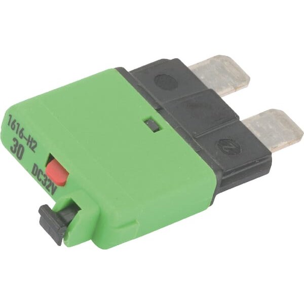 E.T.A Fuse Thermal manual reset 28V 30A Length 34.4mm green SI25130