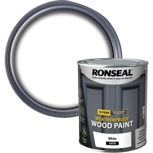 Ronseal 10 Year Weatherproof Satin Wood Paint White 750ml 38787