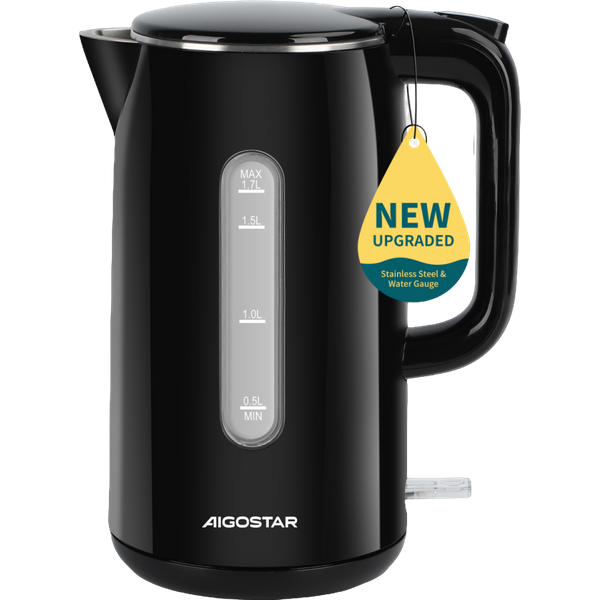 Aigostar Lydian - Hervidor De Agua Electrico DiseñO De Doble Pared, 1,7 L, 2200W Hervidores EléCtrico De Acero Inoxidable, Indicador Nivel Agua, Doble ProteccióN, Base De 360°, Libre De Bpa, Negro-image