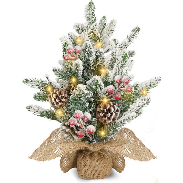 Aigostar ÁRbol De Navidad Con Luces Incorporadas 35Cm, ÁRbol De Navidad PequeñO Decorado Con Nieve Artificial, PiñAs Y Frutos Rojos, Ideal Para SalóN, Dormitorio O HabitacióN Infantil-image