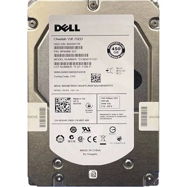 Dell 0D32VD | 450GB 15000RPM SAS 6Gb/S Hot-Pluggable (Sed) 3.5-Inch Hard Drive For Poweredge Server & Powervault Server-image