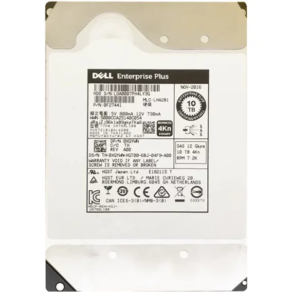 Dell Xgywn | 10TB 7200RPM SAS 12Gb/S Hot-Pluggable (4Kn) 3.5-Inch Hard Drive For Compellent Storage Array-image