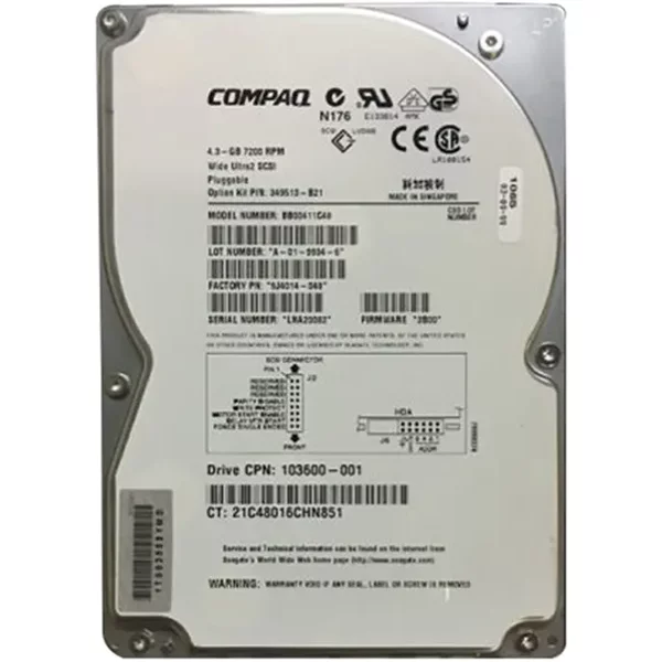HP 103600-001 | 4.3GB 7200RPM Ultra-2 Wide Scsi Hot-Pluggable (Lvd) 512KB Cache 80-Pin 3.5-Inch Hard Drive-image