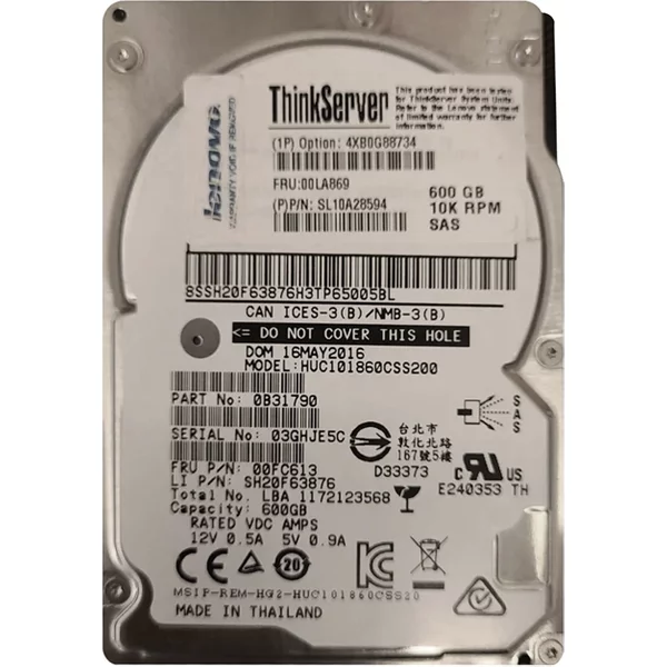 Lenovo 4XB0G88734 | 600GB 10000RPM SAS 12Gb/S Hot Swappable 128MB Cache 2.5-Inch Hard Drive For Thinkserver Gen5-image