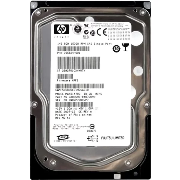 HP 395524-001 | 146GB 15000RPM SAS 3Gb/S 16MB Cache Hot-Pluggable Single Port 3.5-Inch Hard Drive-image