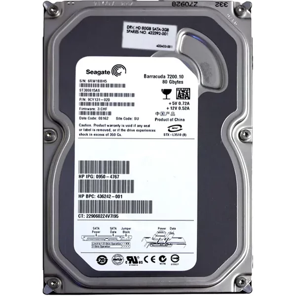 HP 432392-001 | 80GB 7200RPM Sata 3Gb/S NHP 8MB Cache LFF 3.5-Inch Hard Drive-image