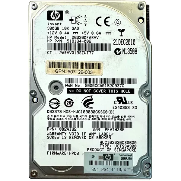 HP 518194-002 | 300GB 10000RPM SAS 6Gb/S SFF Hot-Pluggable Dual Port 2.5-Inch Hard Drive For Gen1 To Gen7 Proliant Servers-image