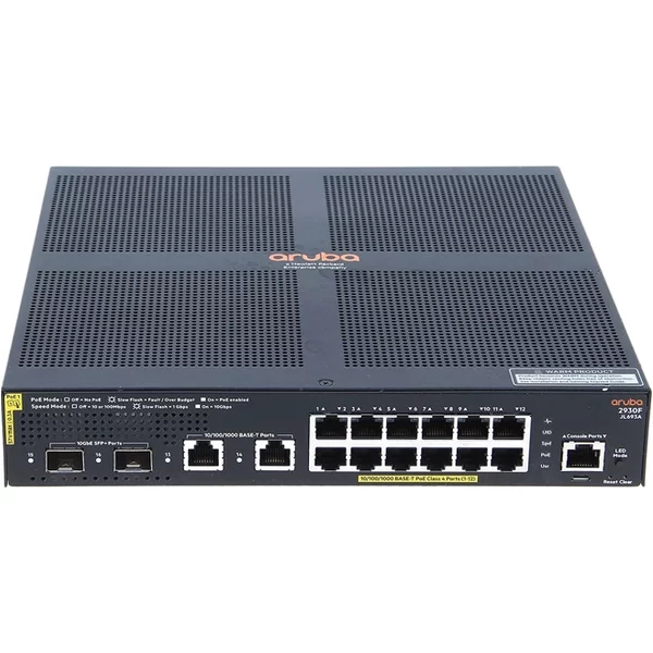 Hp JL693A | Aruba 2930F Series 2930F 12G Poe+ 2G/2SFP+ 12 X RJ-45 Poe+ 10/100/1000Base-T And 2 X RJ-45 10/100/1000Base-T And 2 X Sfp+ Ports Layer 3 Managed Gigabit Ethernet Network Switch-image