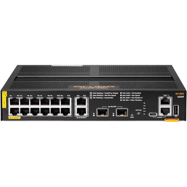 HP R8V13A | Aruba 6200F Series 12-Ports 10/100/1000Base-T RJ-45 PoE Class 4 2-Ports RJ-45 Uplink 2-Ports 10GBase-X SFP+ Layer 3 Rack-mountable Gigabit Ethernet Switch