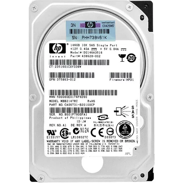HP 438628-002 | 146GB 10000RPM SAS 3Gb/S SFF Hot-Pluggable Single Port 2.5-Inch Hard Drive For Gen1 To Gen7 Proliant Server-image