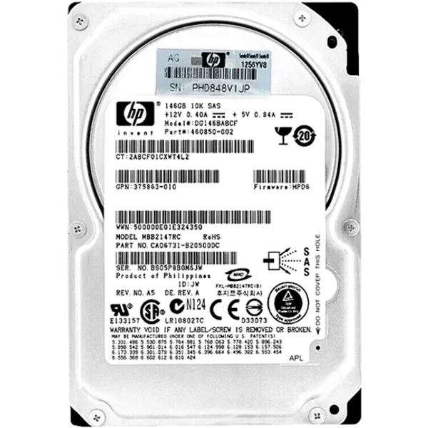 HP 460850-002 | 146GB 10000RPM SAS 3Gb/S SFF Hot-Pluggable Dual Port 2.5-Inch Hard Drive For Gen1 To Gen7 Proliant Server-image