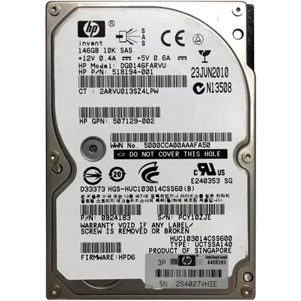 HP 518194-001 | 146GB 10000RPM SAS 6Gb/S SFF Hot-Pluggable Dual Port 2.5-Inch Hard Drive For Gen1 To Gen7 Proliant Server-image