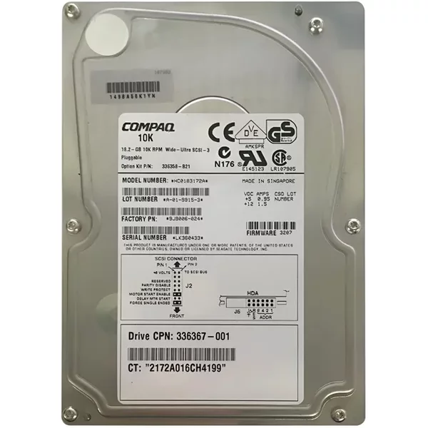 HP 336358-B21 | 18.2GB 10000RPM Wide Ultra2 Scsi Hot Swappable 80-Pin 3.5-Inch Hard Drive-image