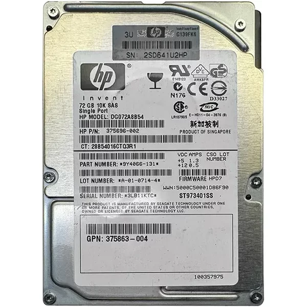 HP 375696-002 | 72GB 10000RPM SAS 3Gb/S Hot-Pluggable Single Port SFF 2.5-Inch Enterprise Hard Drive For Gen1/7 Proliant Server-image