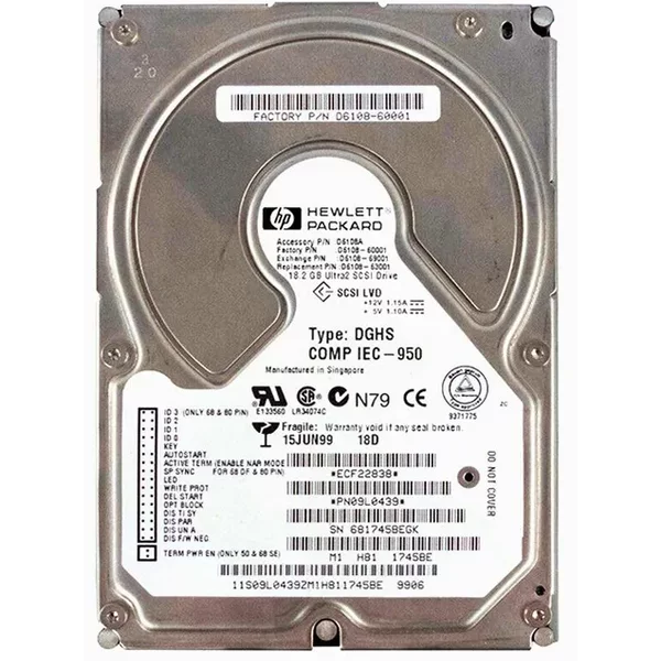 HP D6108-63001 | 18.2GB 7200RPM Ultra2 Scsi Hot Swappable LVD 80-Pin 3.5-Inch Hard Drive-image