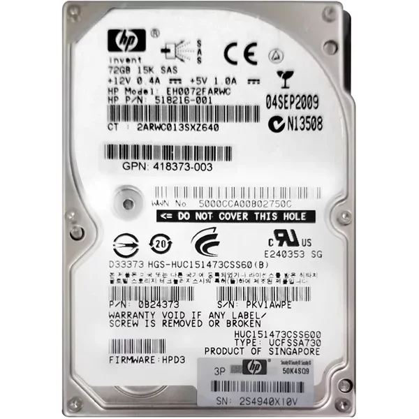 HP EH0072FARWC | 72GB 15000RPM SAS 6Gb/S Hot-Pluggable Dual Port (512N) SFF 2.5-Inch Enterprise Hard Drive For Proliant DL80 Gen9-image