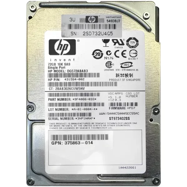 HP 431954-002 | 72GB 10000RPM SAS 3Gb/S Hot-Pluggable Single Port SFF 2.5-Inch Enterprise Hard Drive Forgen1/7 Proliant Server/Storage Array-image