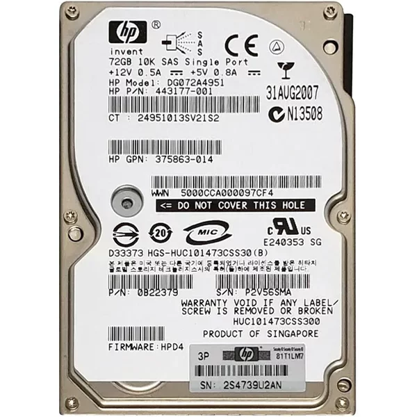 HP 443177-001 | 72GB 10000RPM SAS 3Gb/S Hot-Pluggable Single Port SFF 2.5-Inch Enterprise Hard Drive For Gen1/7 Proliant Server/Storage Array-image